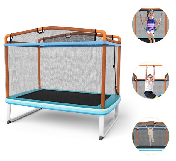 Costway Trampolino per bambini con rete di protezione altalena barra orizzontale, Trampolino da esterno 190x124x222cm Arancione