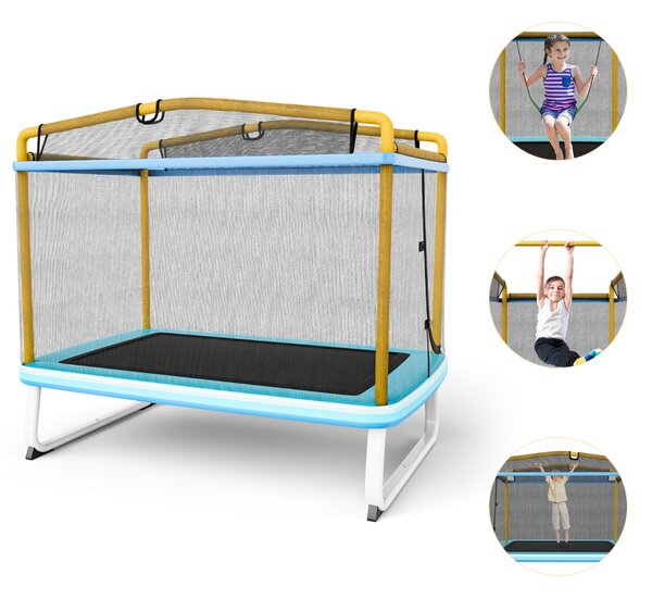 Costway Trampolino per bambini con rete di protezione altalena barra orizzontale, Trampolino da esterno 190x124x222cm Giallo