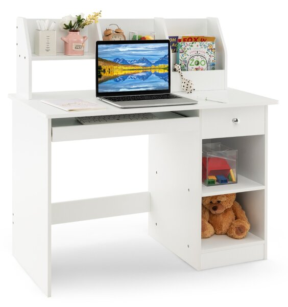 Costway Scrivania da studio in legno per bambini e adolescenti, Postazione per computer con vetrina libreria cassetto Bianco