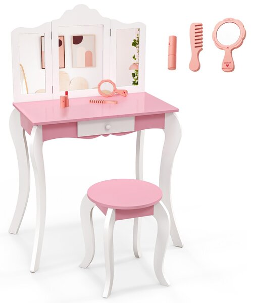 Costway Set toletta da trucco per bambini con specchio in acrilico a 3 pannelli, Tavolo da trucco con sgabello Bianco