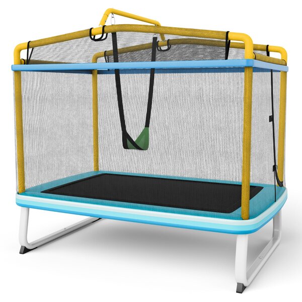 Costway Trampolino per bambini con rete di protezione altalena barra orizzontale, Trampolino da esterno 190x124x222cm Giallo