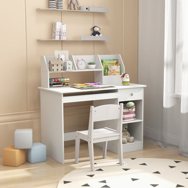 Costway Scrivania da studio in legno per bambini e adolescenti, Postazione per computer con vetrina libreria cassetto Bianco