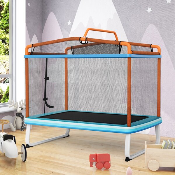 Costway Trampolino per bambini con rete di protezione altalena barra orizzontale, Trampolino da esterno 190x124x222cm Arancione