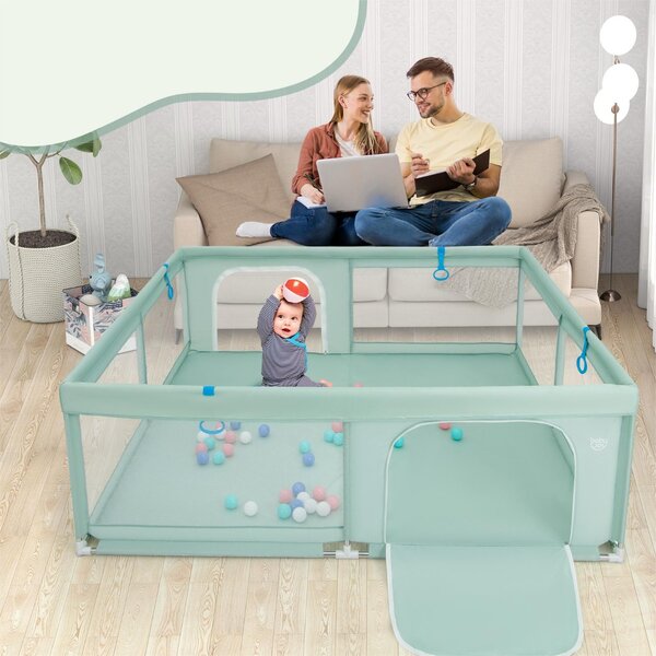 Costway Recinto da gioco per bambini con rete traspirante maniglie palline oceaniche, Parco giochi 200x180x68cm Verde