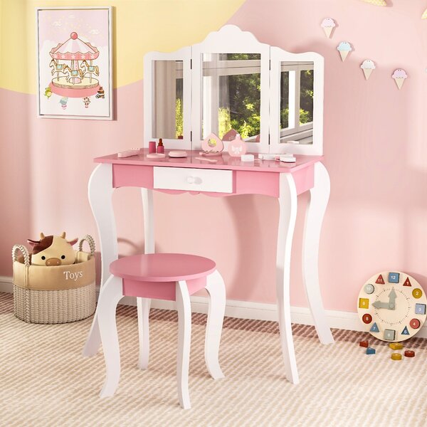 Costway Set toletta da trucco per bambini con specchio in acrilico a 3 pannelli, Tavolo da trucco con sgabello Bianco