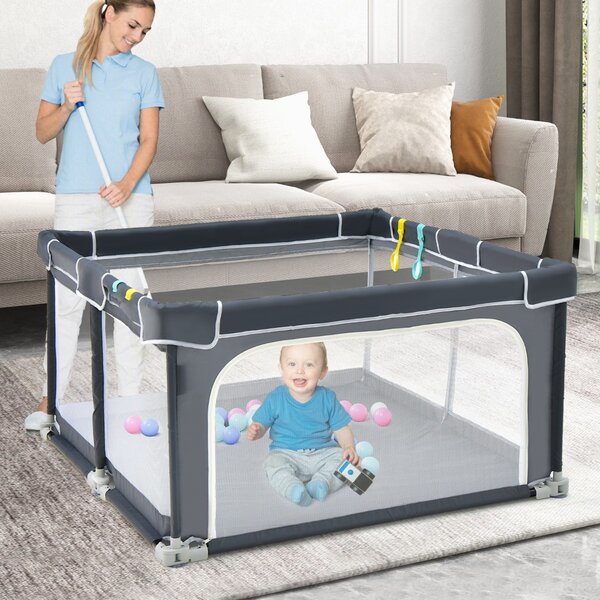 Costway Box per bambini pieghevole con pareti in rete traspirante, Recinto portatile con ventose antiscivolo Grigio scuro