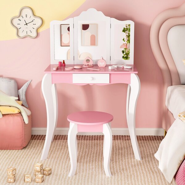 Costway Set toletta da trucco per bambini con specchio in acrilico a 3 pannelli, Tavolo da trucco con sgabello Bianco