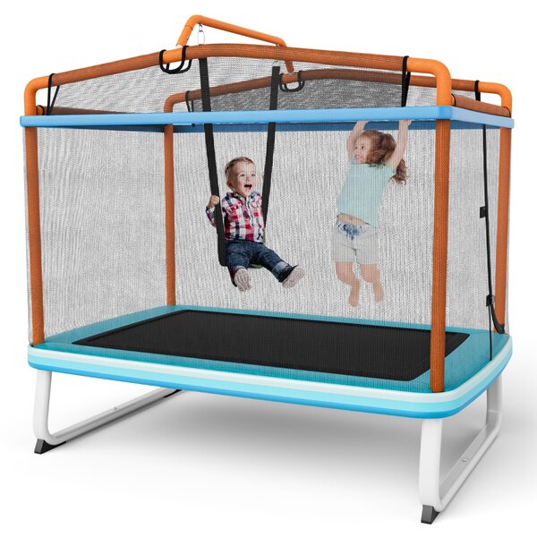 Costway Trampolino per bambini con rete di protezione altalena barra orizzontale, Trampolino da esterno 190x124x222cm Arancione