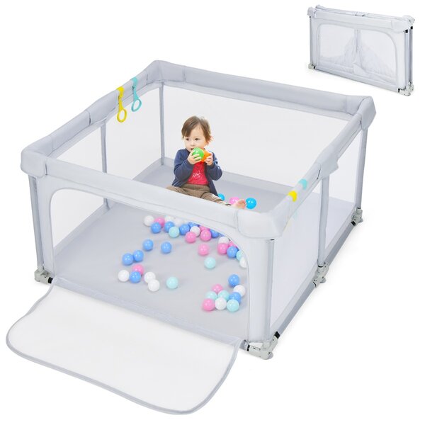 Costway Box per bambini pieghevole con pareti in rete traspirante, Recinto portatile con ventose antiscivolo Grigio chiaro
