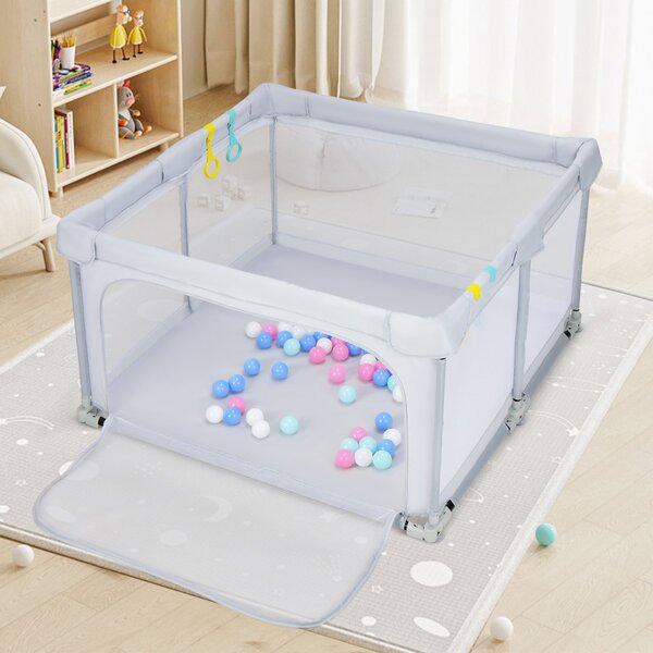 Costway Box per bambini pieghevole con pareti in rete traspirante, Recinto portatile con ventose antiscivolo Grigio chiaro