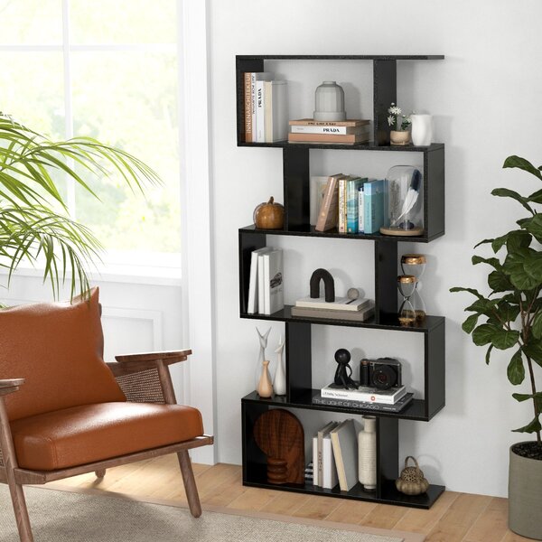 Costway Scaffale a 5 ripiani con dispositivo antiribaltamento, Libreria geometrica a forma di S Nero