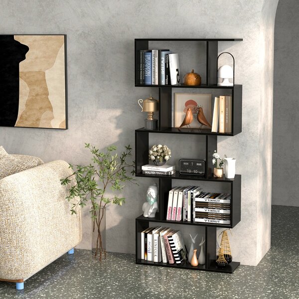 Costway Scaffale a 5 ripiani con dispositivo antiribaltamento, Libreria geometrica a forma di S Nero