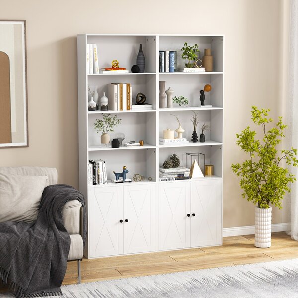 Costway Libreria scaffale con ante stile rustico 6 ripiani e 2 ante, Libreria da 180cm con ripiano regolabile Bianco