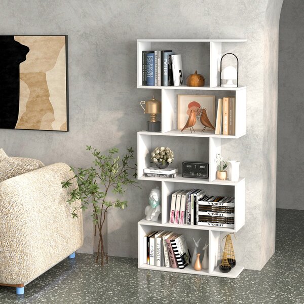 Costway Scaffale a 5 ripiani con dispositivo antiribaltamento, Libreria geometrica a forma di S Bianco