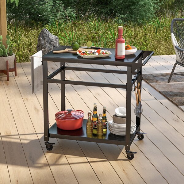 Costway Carrello barbecue da esterno con 2 ripiani 4 ruote bloccabili ganci, Carrello BBQ portatile per forno pizza Nero