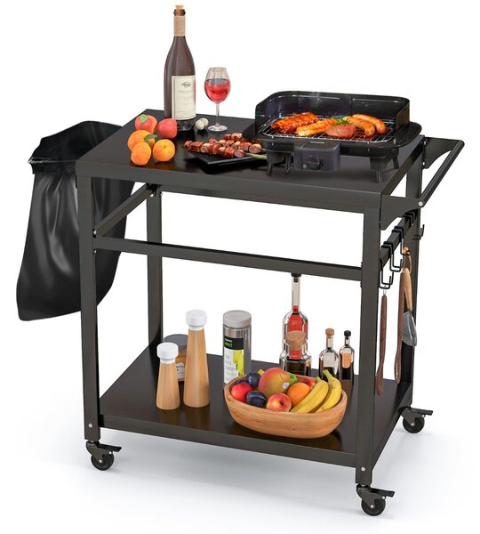 Costway Carrello barbecue da esterno con 2 ripiani 4 ruote bloccabili ganci, Carrello BBQ portatile per forno pizza Nero
