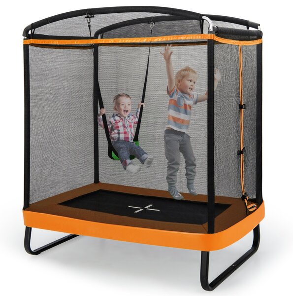 Costway Trampolino rettangolare per bambini con altalena rete di sicurezza, Trampolino elastico da esterno da 190cm Arancione