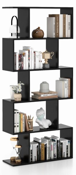 Costway Scaffale a 5 ripiani con dispositivo antiribaltamento, Libreria geometrica a forma di S Nero