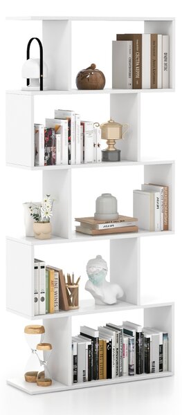 Costway Scaffale a 5 ripiani con dispositivo antiribaltamento, Libreria geometrica a forma di S Bianco