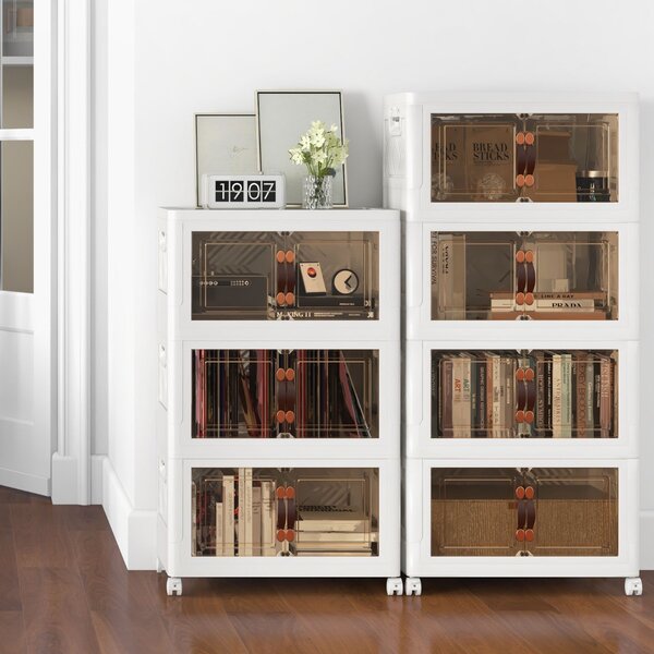 Costway Set di contenitori impilabili con ruote bloccabili, Mobile in PP pieghevole con coperchi Bianco 49,5x31,5x112,5cm