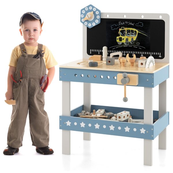 Costway Set banco da lavoro per bambini in legno con 61 attrezzi e parti, Tavolo da lavoro per bambini 3+ anni Blu
