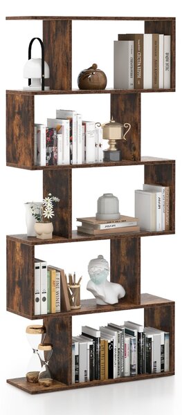 Costway Scaffale a 5 ripiani con dispositivo antiribaltamento, Libreria geometrica a forma di S Marrone