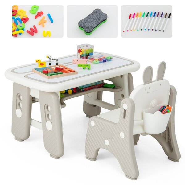 Costway Tavolo e sedia per bambini con mensola ribaltabile lavagna magnetica cancellabile, Tavolo e sedia per imparare Grigio