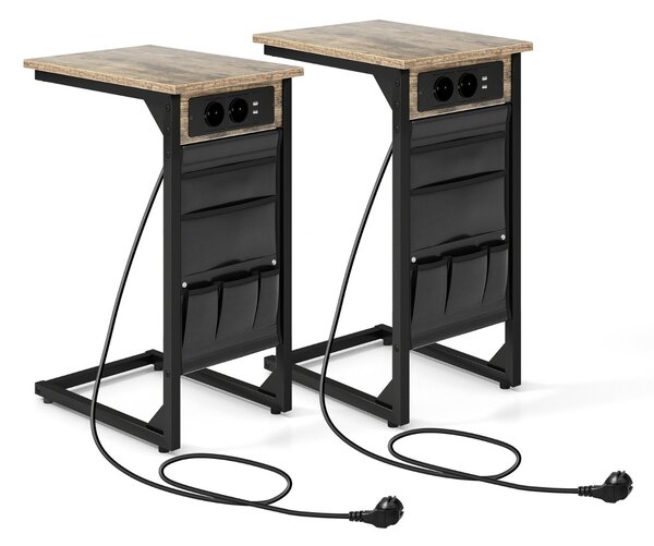 Costway Set di 2 Tavolini a forma di C con prese tasca laterale2 porte USB, Tavolini da divano in metallo Marrone