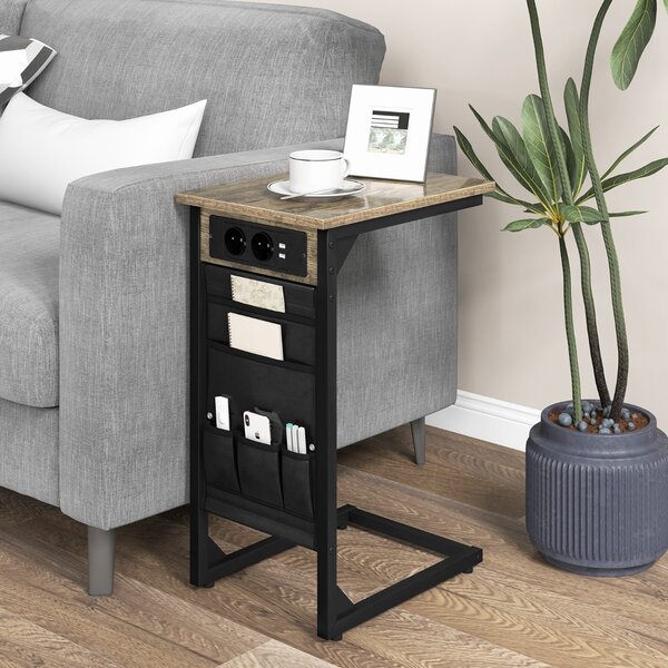 Costway Set di 2 Tavolini a forma di C con prese tasca laterale2 porte USB, Tavolini da divano in metallo Marrone