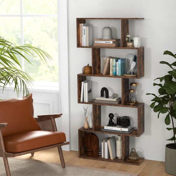 Costway Scaffale a 5 ripiani con dispositivo antiribaltamento, Libreria geometrica a forma di S Marrone