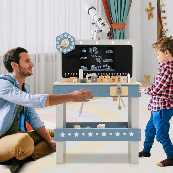 Costway Set banco da lavoro per bambini in legno con 61 attrezzi e parti, Tavolo da lavoro per bambini 3+ anni Blu