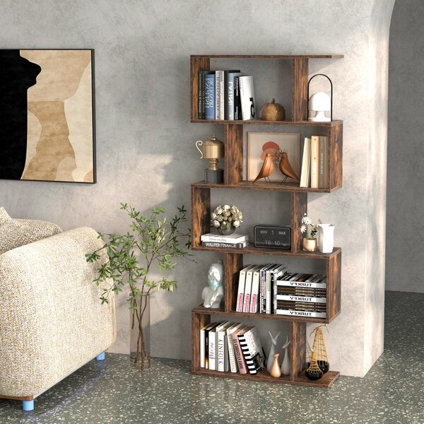 Costway Scaffale a 5 ripiani con dispositivo antiribaltamento, Libreria geometrica a forma di S Marrone