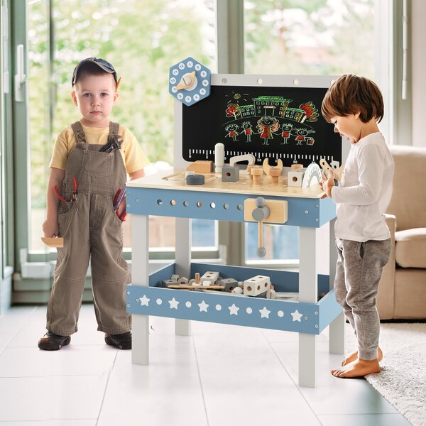 Costway Set banco da lavoro per bambini in legno con 61 attrezzi e parti, Tavolo da lavoro per bambini 3+ anni Blu