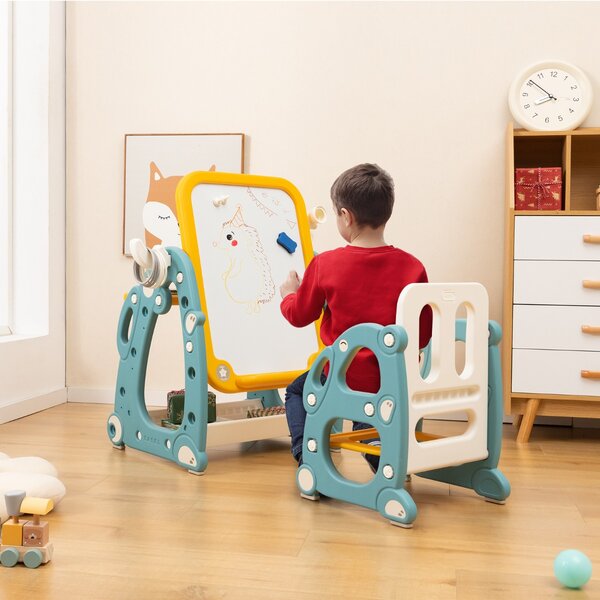 Costway Tavolo da disegno per bambini con sedia, Set tavolo e sedia per attività con lavagna bianca regolabile a 3 livelli Blu