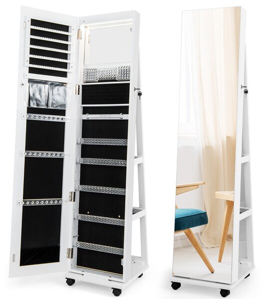 Costway Armadio portagioie bloccabile con specchio trucco luci LED a 3 colori ripiani regolabili, Armadietto portagioie Bianco