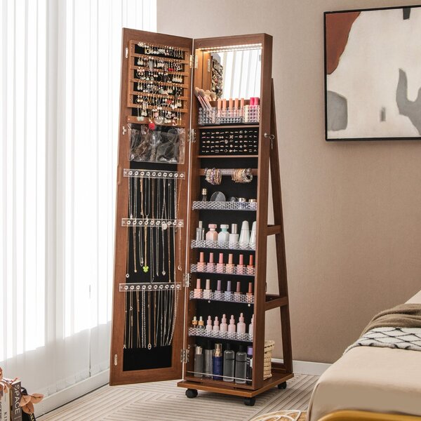 Costway Armadio portagioie bloccabile con specchio trucco luci LED a 3 colori ripiani regolabili, Armadietto portagioie Marrone