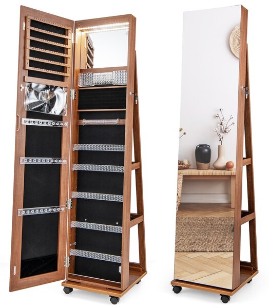 Costway Armadio portagioie bloccabile con specchio trucco luci LED a 3 colori ripiani regolabili, Armadietto portagioie Marrone