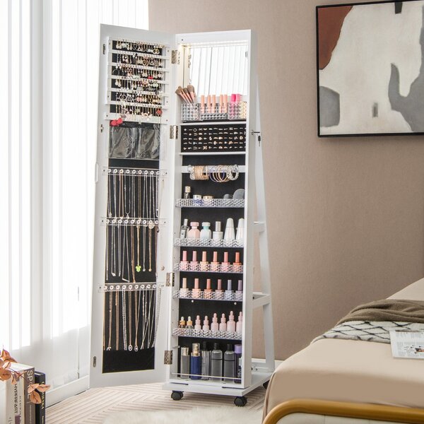 Costway Armadio portagioie bloccabile con specchio trucco luci LED a 3 colori ripiani regolabili, Armadietto portagioie Bianco