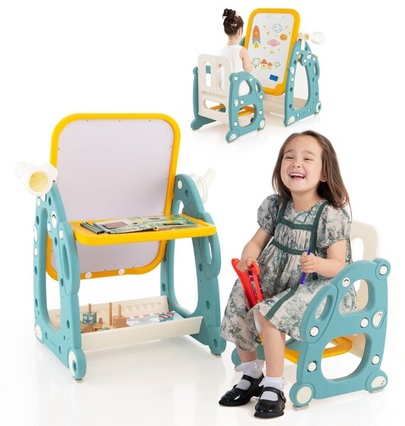 Costway Tavolo da disegno per bambini con sedia, Set tavolo e sedia per attività con lavagna bianca regolabile a 3 livelli Blu