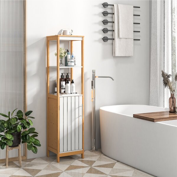 Costway Mobile da bagno alto 129 cm con anta ripiani e ripiano regolabile, Armadietto alto e stretto in bambù Naturale