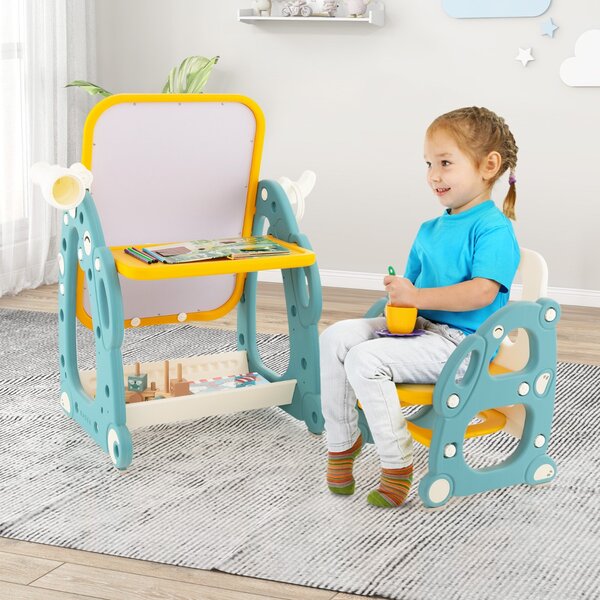 Costway Tavolo da disegno per bambini con sedia, Set tavolo e sedia per attività con lavagna bianca regolabile a 3 livelli Blu