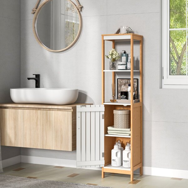 Costway Mobile da bagno alto 129 cm con anta ripiani e ripiano regolabile, Armadietto alto e stretto in bambù Naturale