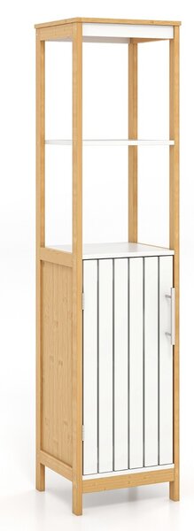 Costway Mobile da bagno alto 129 cm con anta ripiani e ripiano regolabile, Armadietto alto e stretto in bambù Naturale