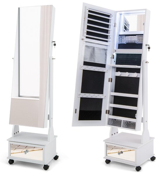 Costway Armadio portagioie con ruote luci LED specchietto trucco ripiano pieghevole, Armadietto portagioie alto 159cm Bianco
