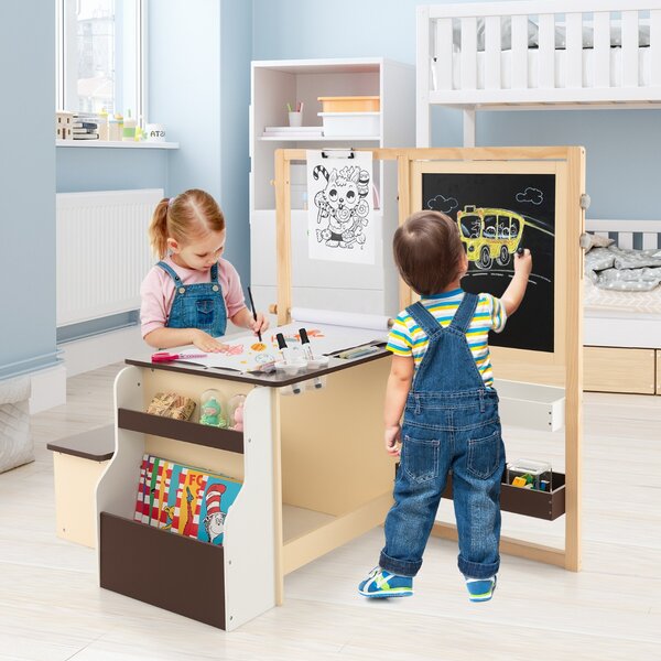 Costway Set tavolo e panca per bambini con cavalletto regolabile a doppia faccia, Centro artistico in legno 114x81x100cm Caffè