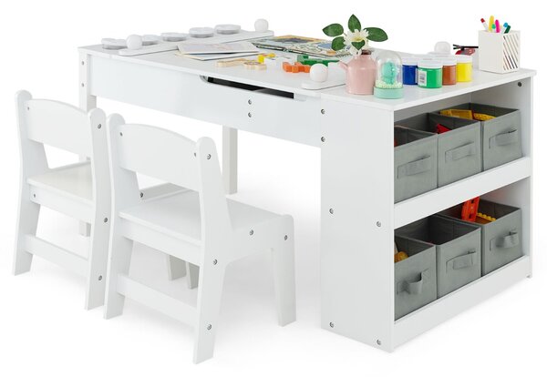 Costway Set tavolo e sedia da disegno per bambini, Tavolo artistico con piano sollevabile 6 contenitori rullo di carta Bianco