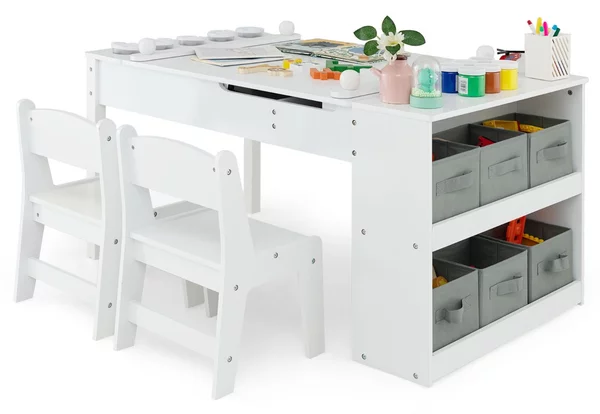 Costway Set tavolo e sedia da disegno per bambini, Tavolo artistico con piano sollevabile 6 contenitori rullo di carta Bianco
