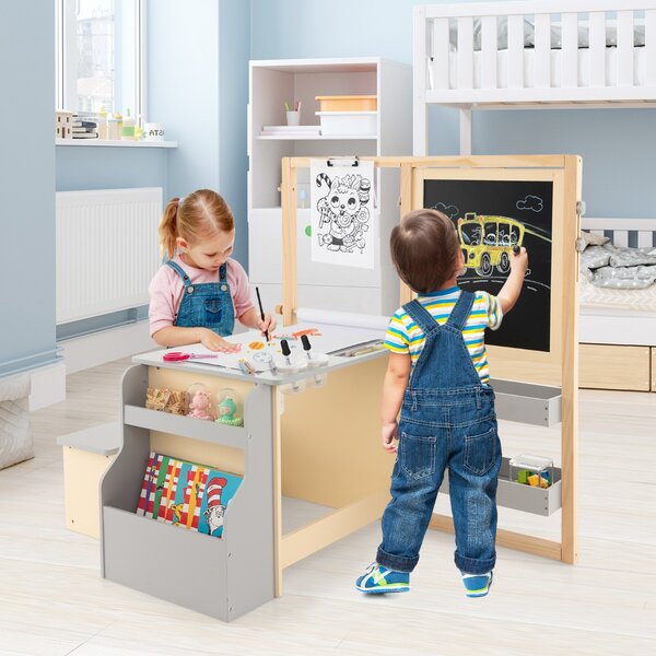 Costway Set tavolo e panca per bambini con cavalletto regolabile a doppia faccia, Centro artistico in legno 114x81x100cm Grigio