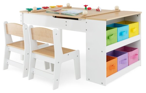 Costway Set tavolo e sedia da disegno per bambini, Tavolo artistico con piano sollevabile 6 contenitori rullo di carta Naturale