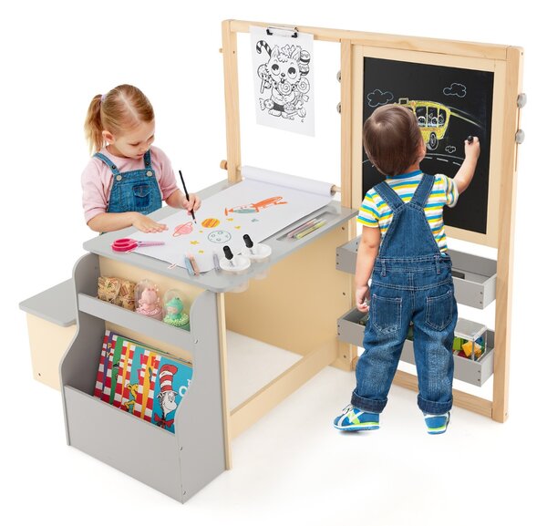 Costway Set tavolo e panca per bambini con cavalletto regolabile a doppia faccia, Centro artistico in legno 114x81x100cm Grigio